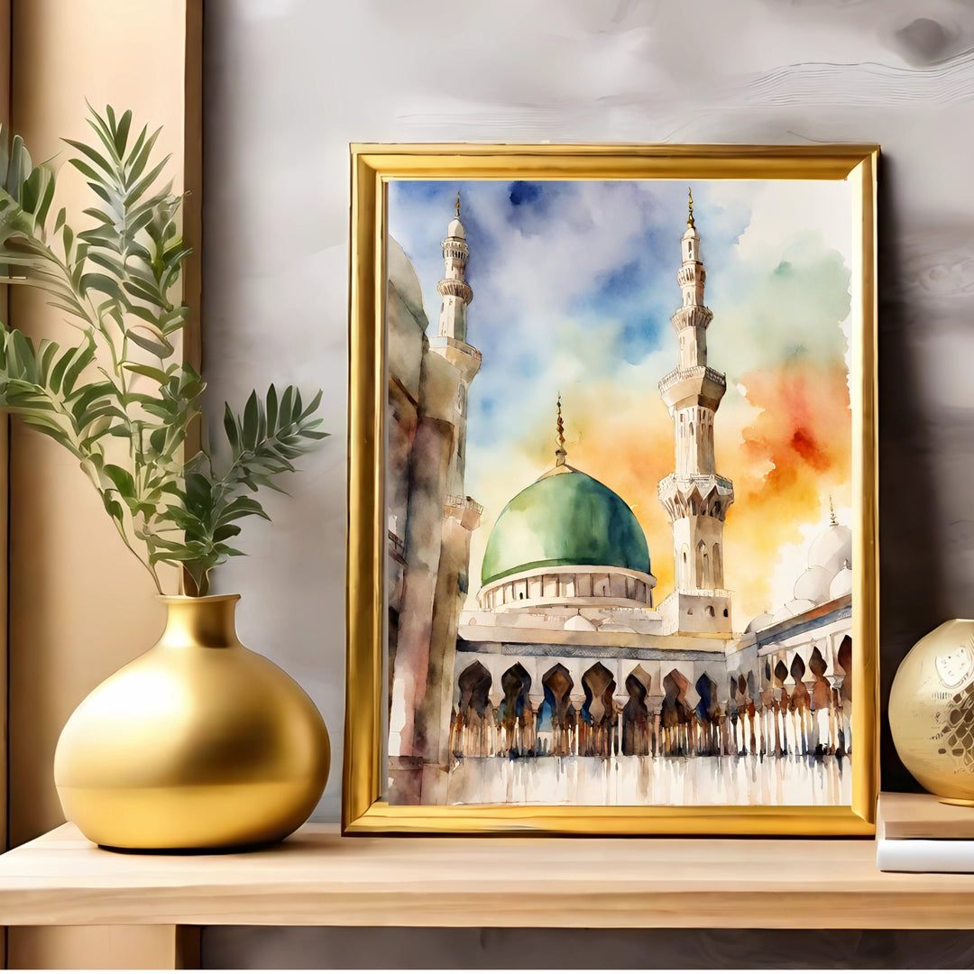 Masjid Nabawi watercolor art Boho Islamic poster with calming blues and gold accents