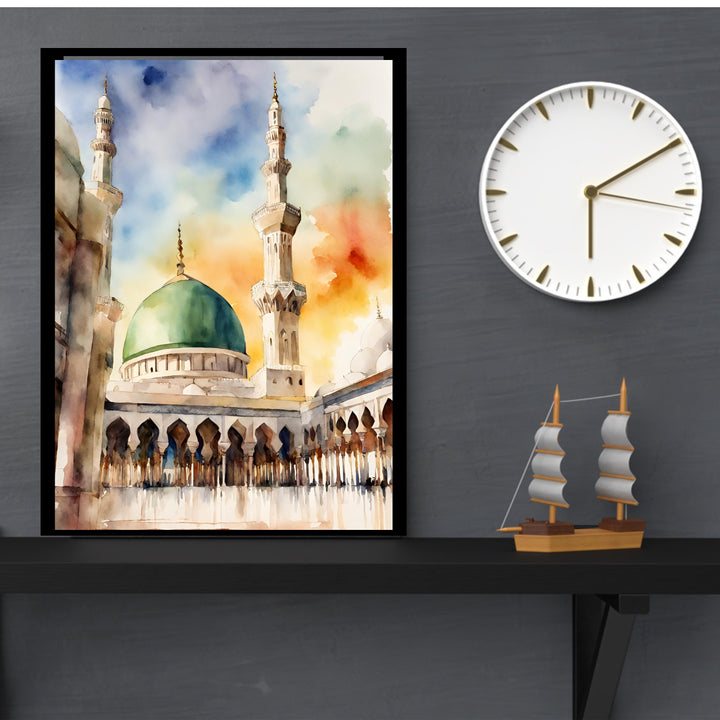 Close-up detail of color and composition in Masjid Nabawi watercolor wall art