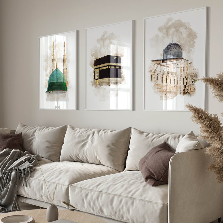 3-Piece Islamic Poster Set - Watercolor Kaaba, Aqsa, Nabawi - Islamic Wall Art Prints