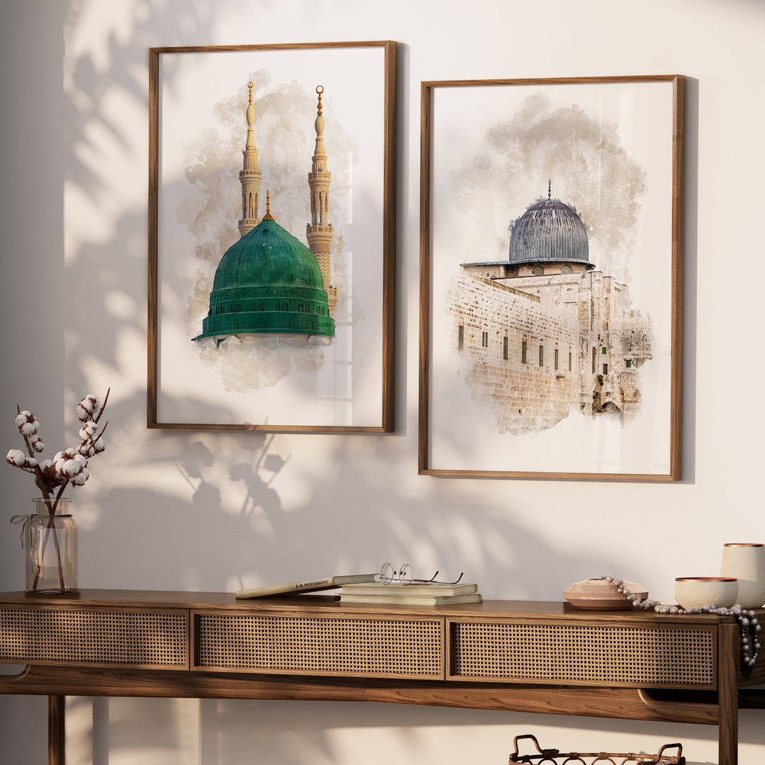 3-Piece Islamic Poster Set - Watercolor Kaaba, Aqsa, Nabawi - Islamic Wall Art Prints