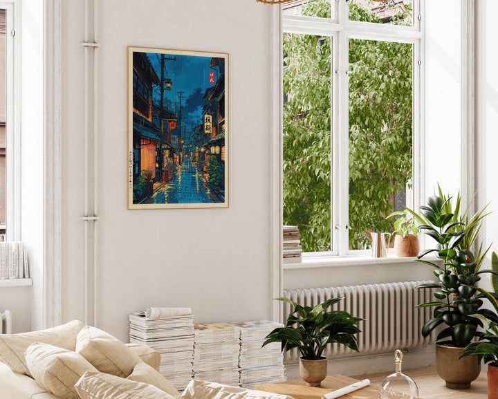 Styled scene: Tokyo Tea House poster framed and displayed on a modern living room wall