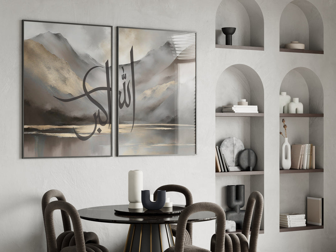Takbir Islamic Wall Art Set – Mountains Landscape & Arabic Calligraphy Prints