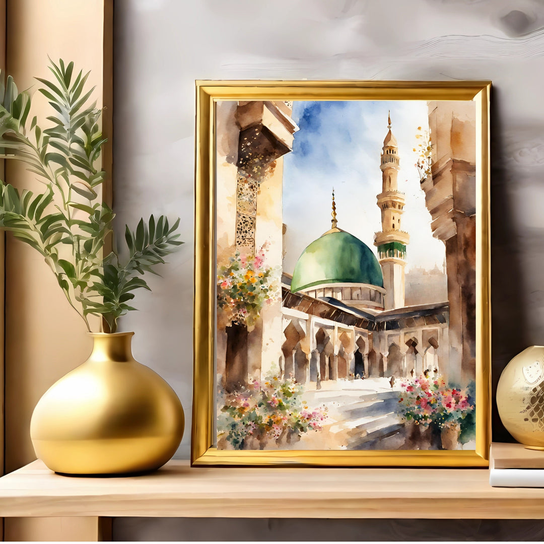 Premium wall art print showcasing Islamic motif and watercolor texture