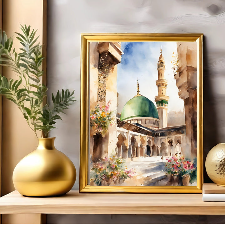 Premium wall art print showcasing Islamic motif and watercolor texture