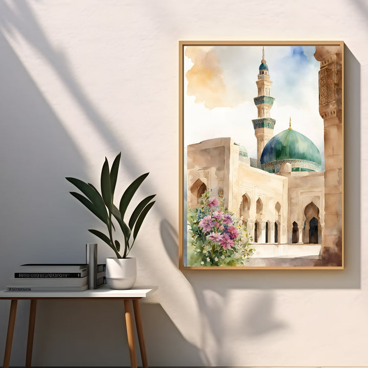 Pastel tones and flowing lines in Masjid Nabawi watercolor wall art