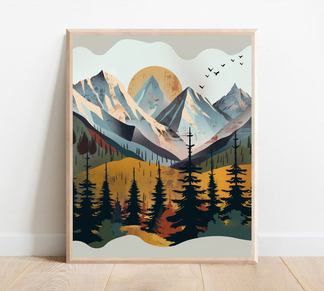 Pastel-toned mountain print suitable for nurseries and playrooms