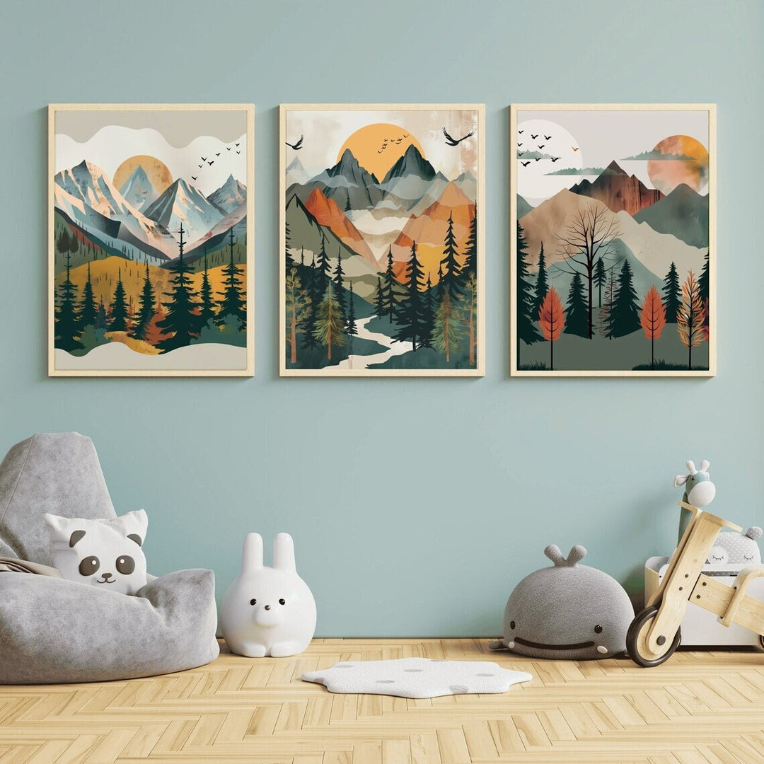 Children's bedroom decor print showing mountains and forest