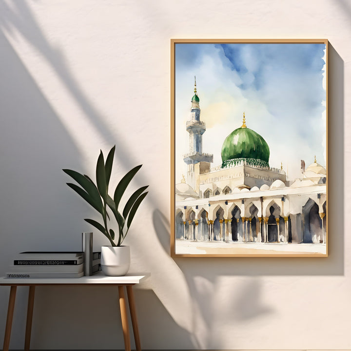 Masjid Nabawi watercolor art print with soft blue and gold accents, front view