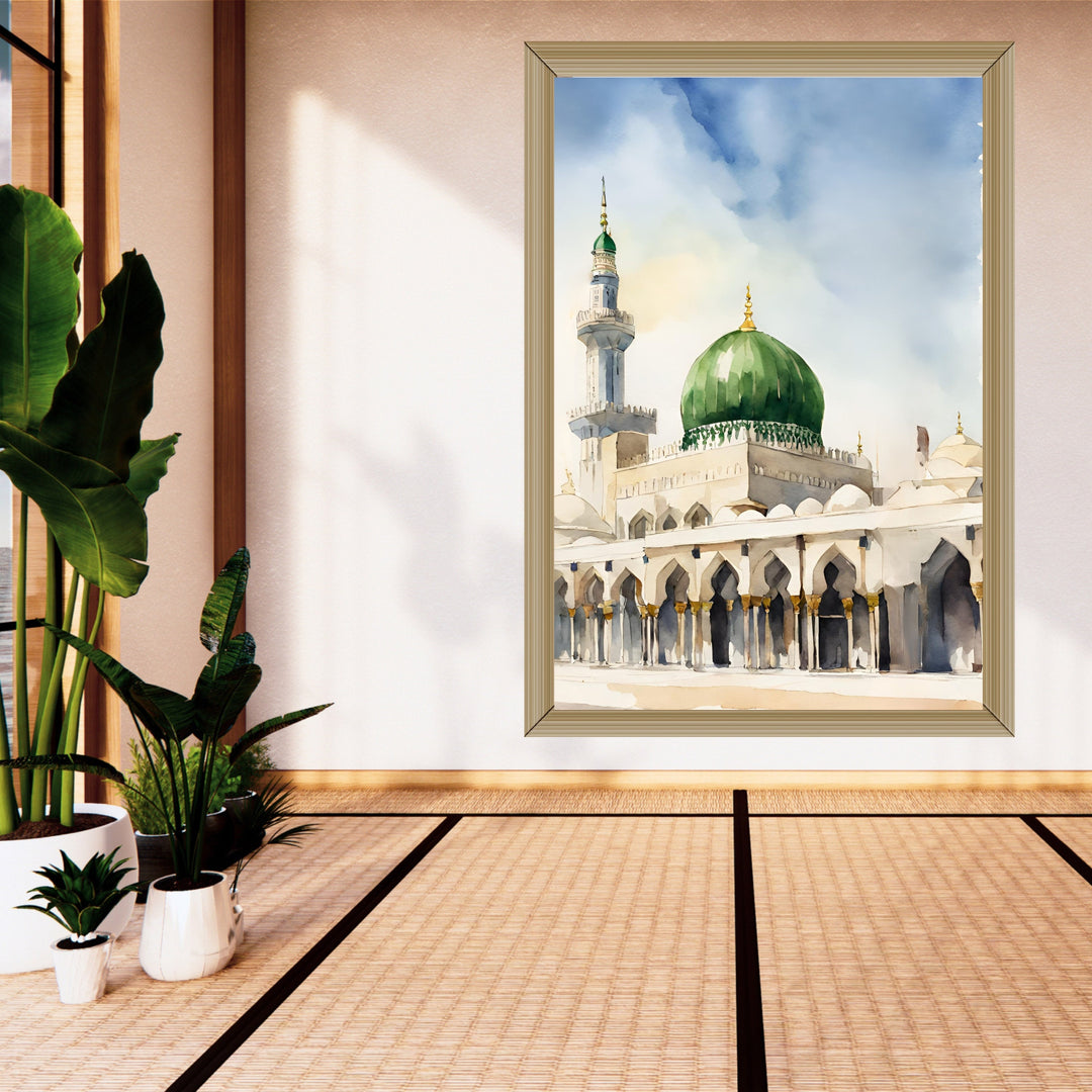 Close-up of Masjid Nabawi watercolor texture and brush strokes