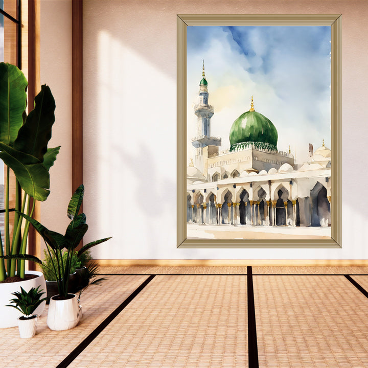 Close-up of Masjid Nabawi watercolor texture and brush strokes