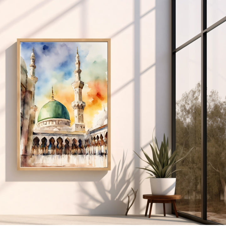 Watercolor brushstroke texture and soft gradients in Masjid Nabawi wall art