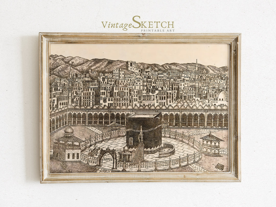 Vintage Kabbah in Mecca wall art with warm sepia tones