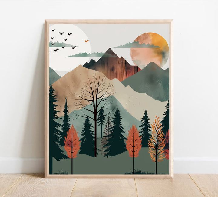 Adventure themed wall art for boys room with mountains and trees