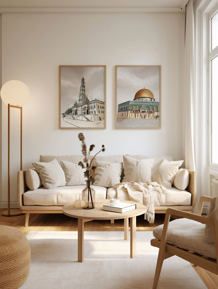 Dome of The Rock & Masjid Tarim | Calm Brown Tones | Islamic Wall Art