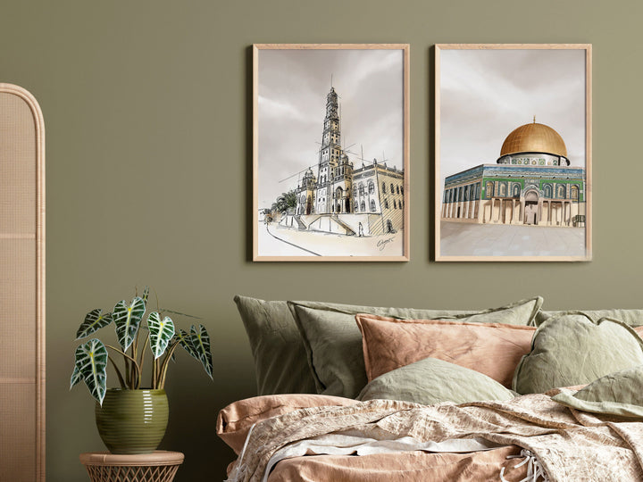 Dome of The Rock & Masjid Tarim | Calm Brown Tones | Islamic Wall Art