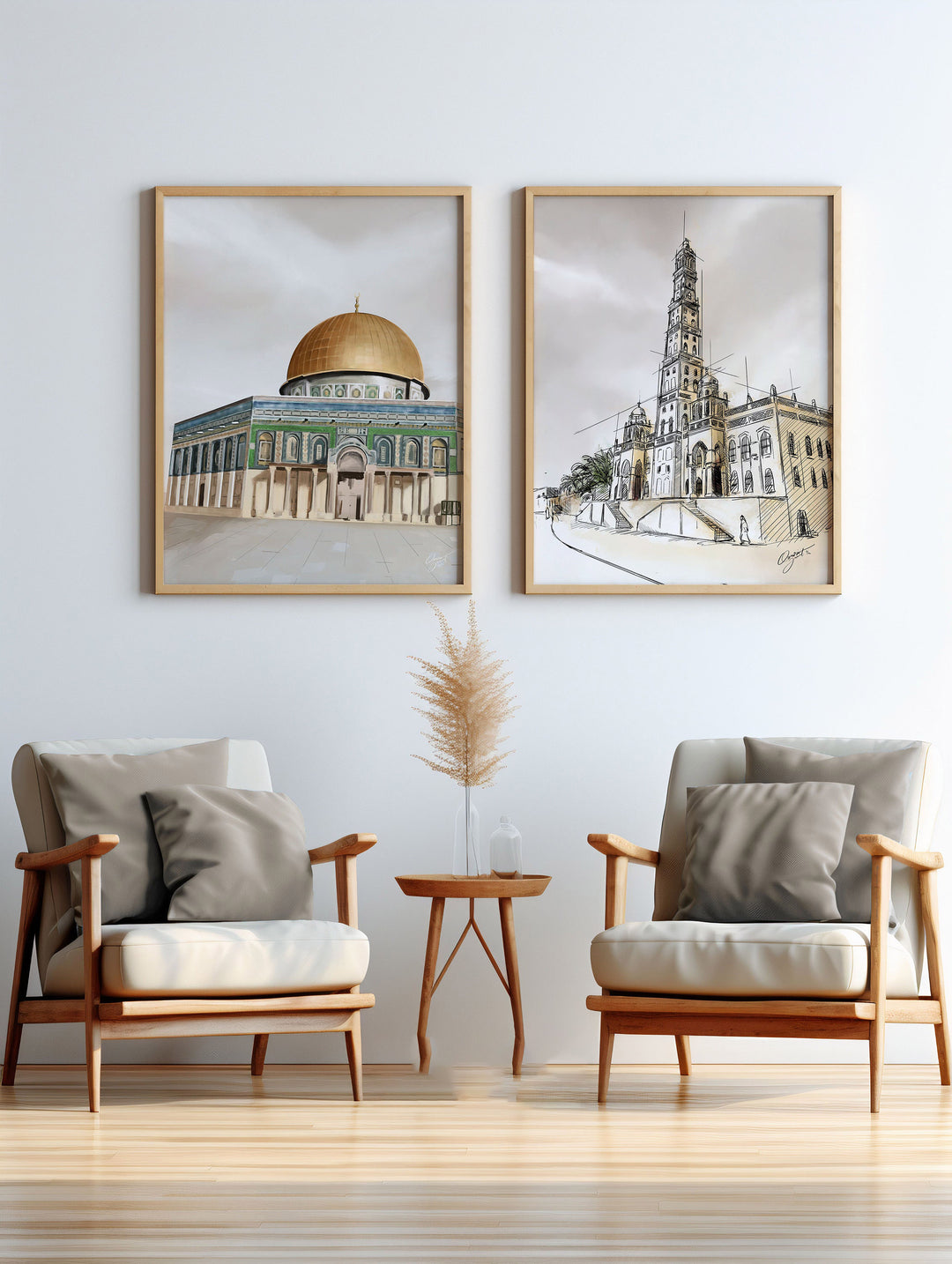 Dome of The Rock & Masjid Tarim | Calm Brown Tones | Islamic Wall Art