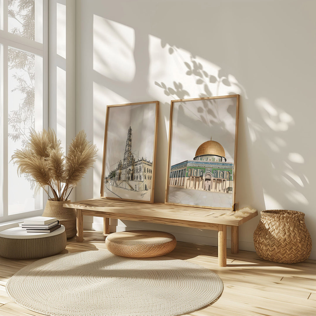 Dome of The Rock & Masjid Tarim | Calm Brown Tones | Islamic Wall Art