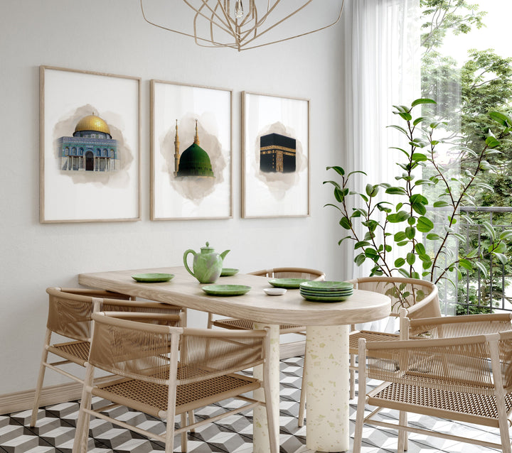 Three-piece Islamic wall art set featuring Kaaba, Medina and Jerusalem landmarks