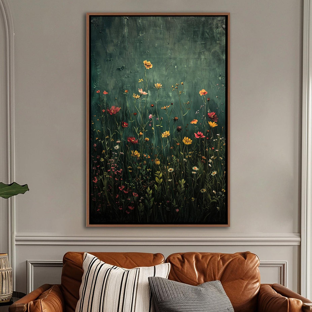 Framed wildflower field wall art with vintage botanical landscape on canvas