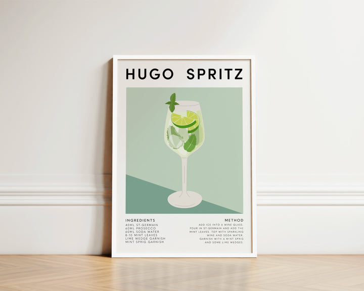 Vibrant Hugo Spritz cocktail poster with warm tones