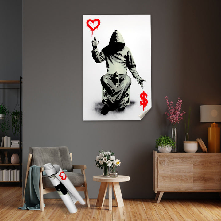 Ready-to-hang canvas wall art with edgy Banksy-inspired design