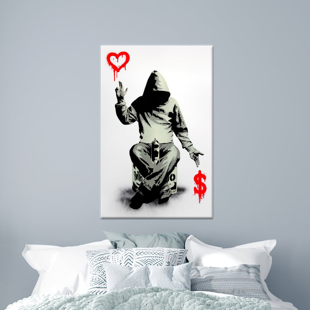 Close-up of bold red graffiti accents on canvas artwork