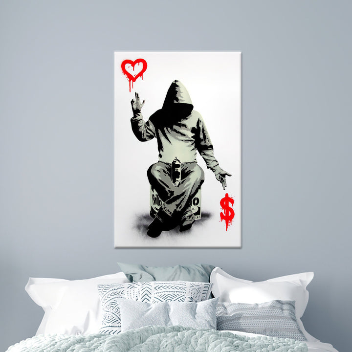 Close-up of bold red graffiti accents on canvas artwork