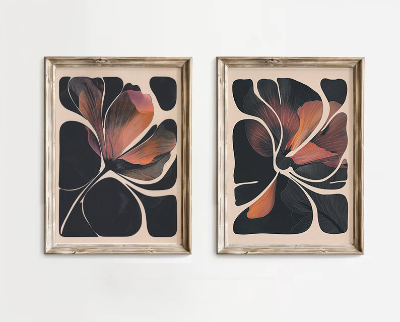 Bedroom with matching floral wall art pair creating calming focal point