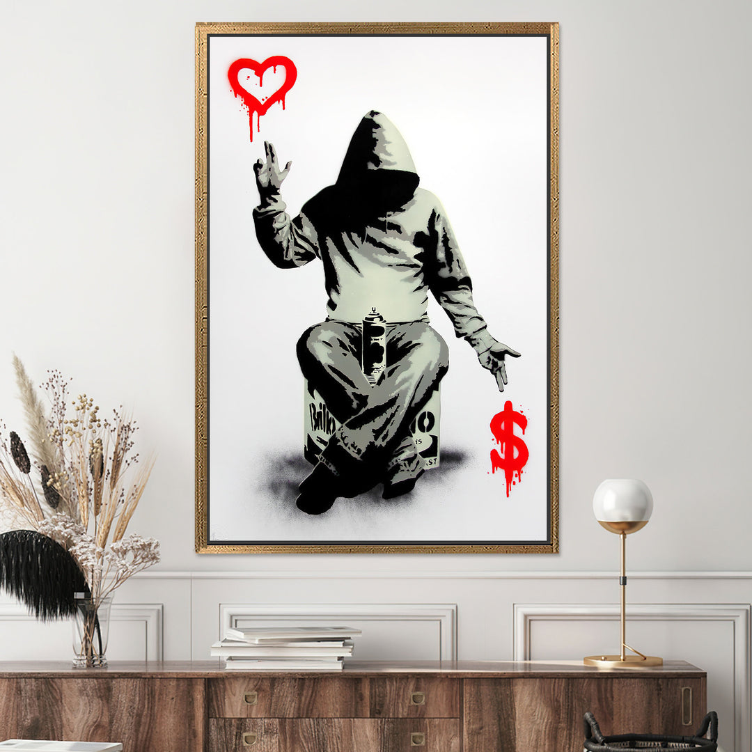 Single panel wall art featuring love and money motif in graffiti style