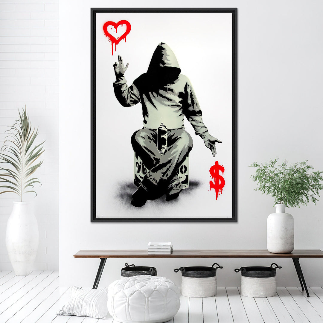 Banksy-inspired love or money graffiti wall art on premium canvas