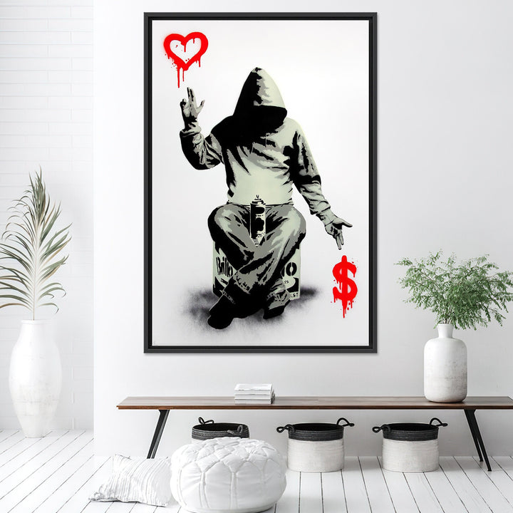 Banksy-inspired love or money graffiti wall art on premium canvas