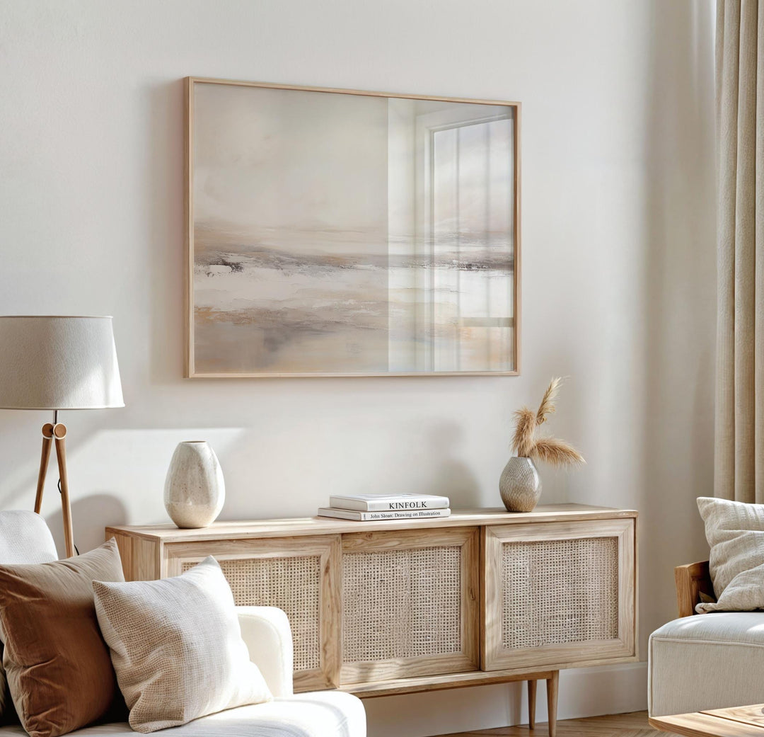 Beige ocean abstract wall art in soft beige and grey tones, minimal landscape composition
