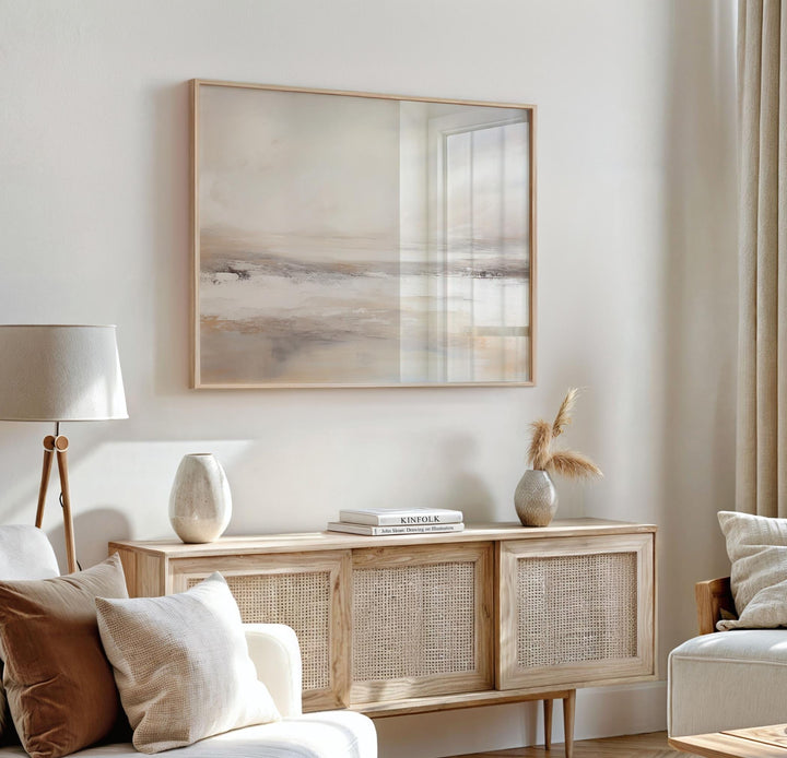 Beige ocean abstract wall art in soft beige and grey tones, minimal landscape composition