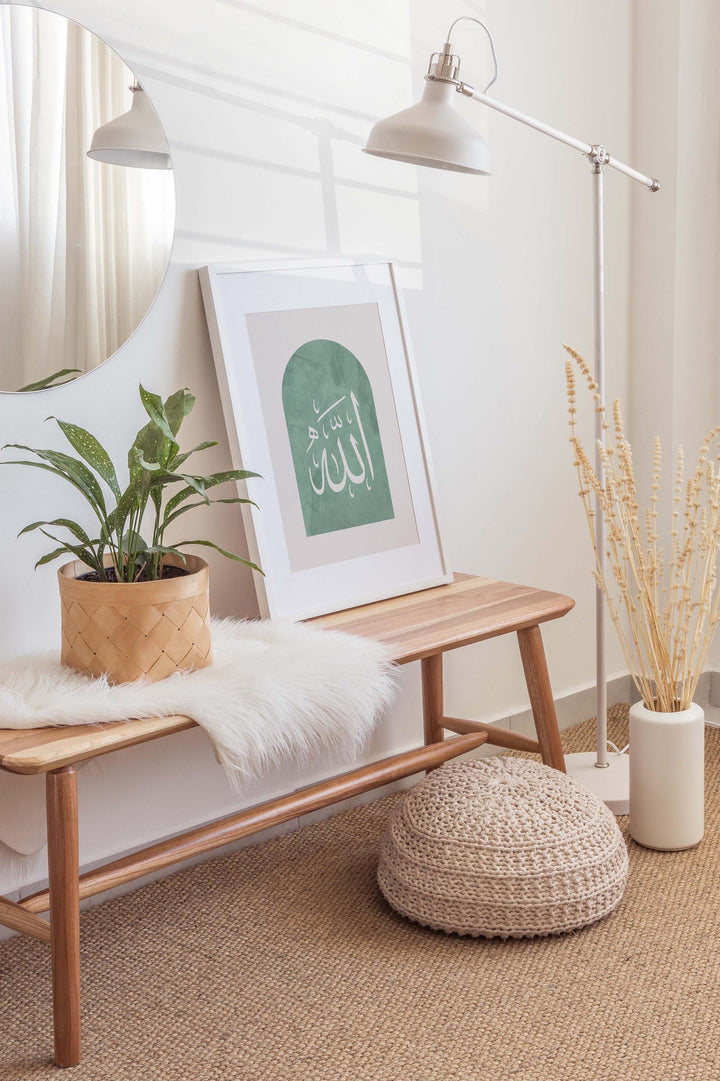 Neutral sage green Arabic wall art styling with paired panels