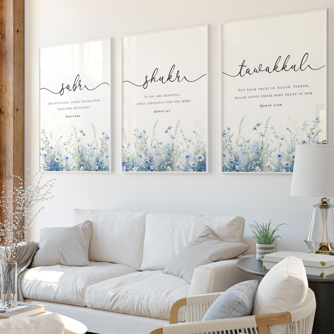 Set of three Islamic wall art prints with Quran quotes Sabr Shukr Tawakkul on white background