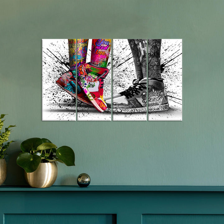 Vivid brush strokes and color blocks on canvas in graffiti design