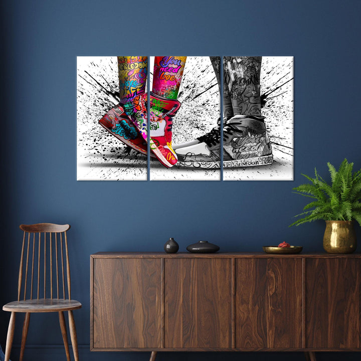 Urban street art style wall art featuring sneakers and kiss motif