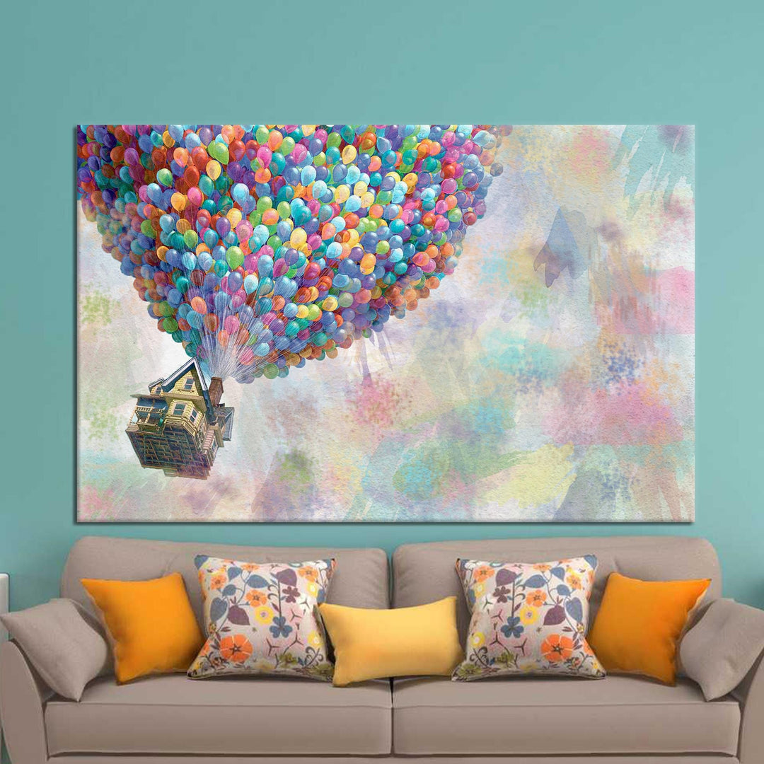 Up movie canvas art featuring Carl Fredricksen and colorful air balloons on a rainbow background