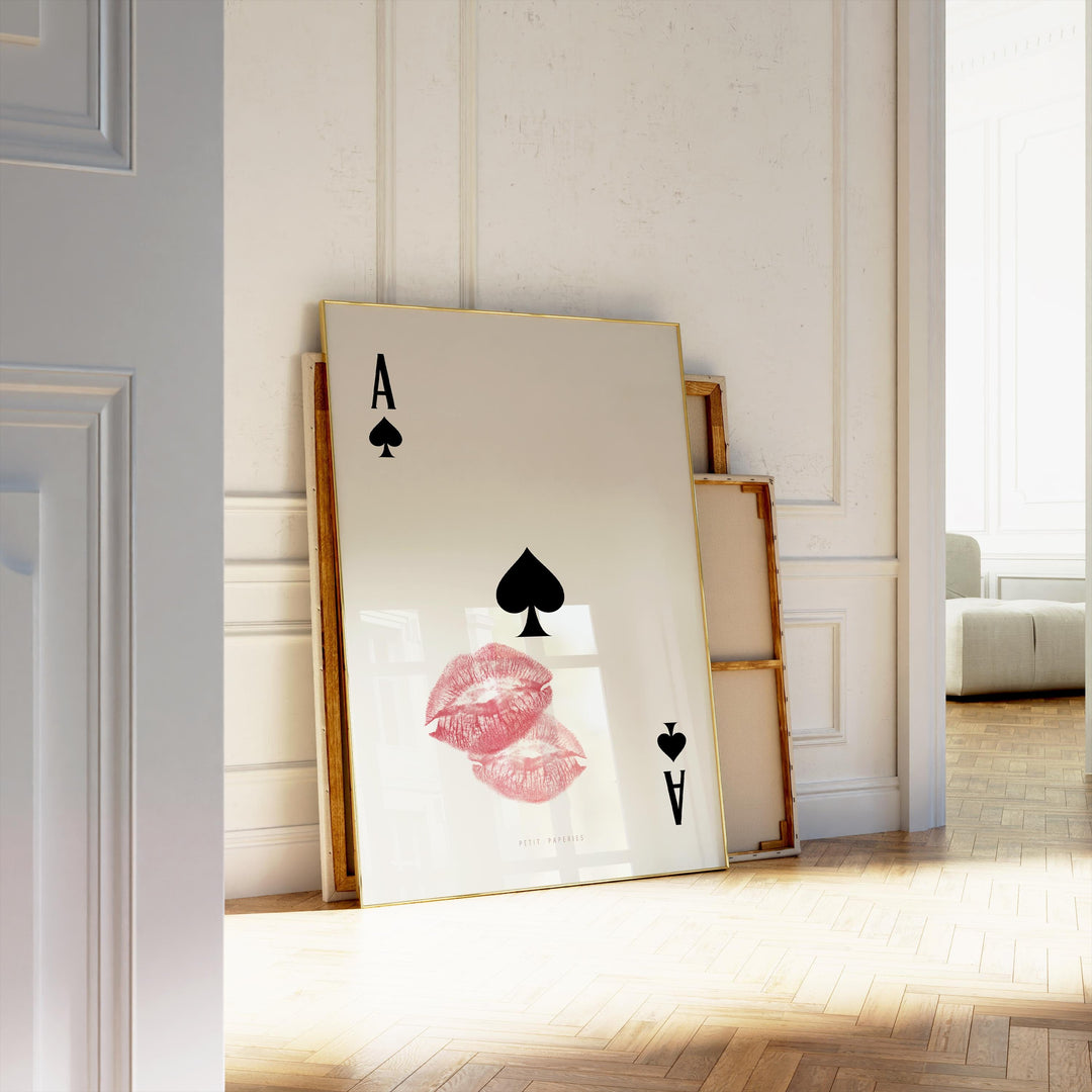 Playing card wall art featuring Ace of Spades and bold kiss lips