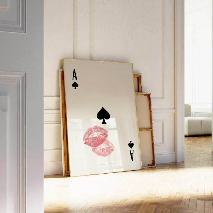 Playing card wall art featuring Ace of Spades and bold kiss lips