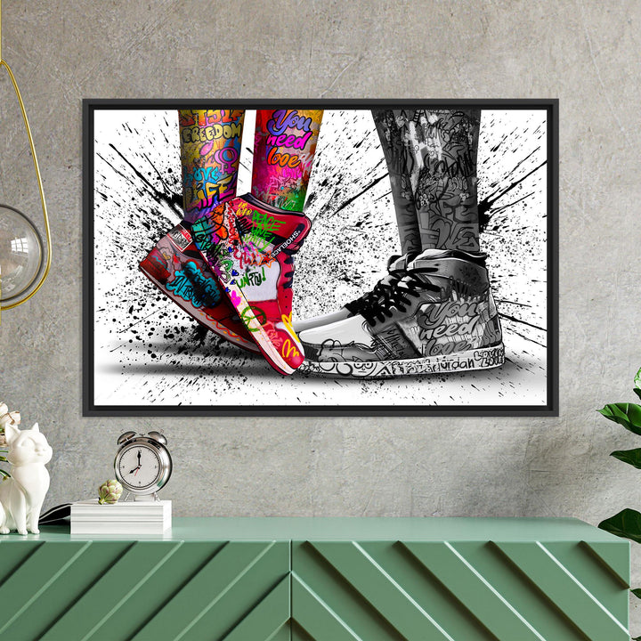 Full view of colorful sneaker kiss graffiti canvas wall art