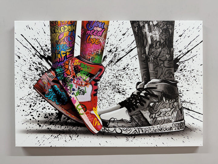 Colorful graffiti sneaker kiss artwork on bright backdrop