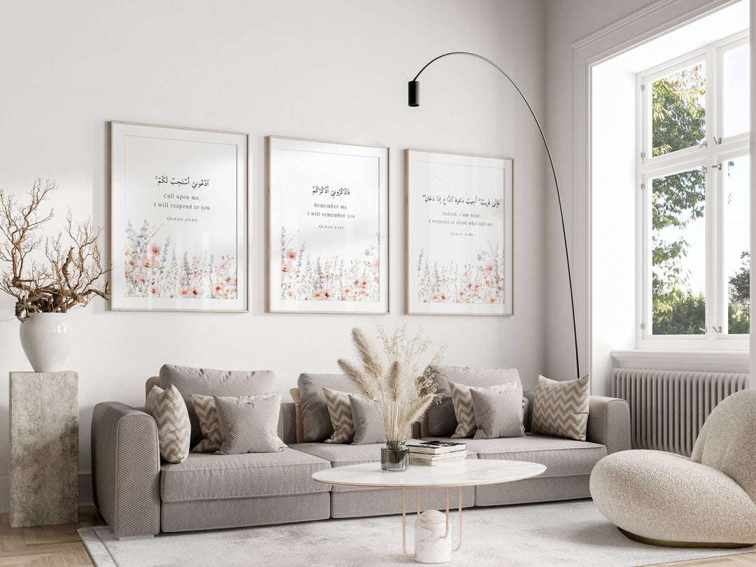 Islamic quotes wall decor set of three prints - floral design - art print 2