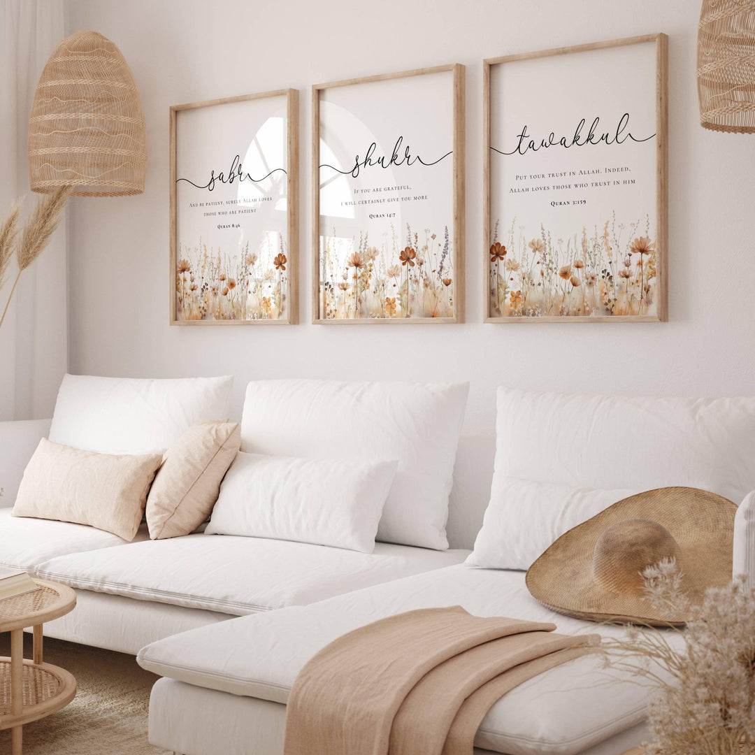 quran quotes wall art set of 3 with floral islamic motif, 8x10 inch print