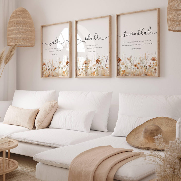 quran quotes wall art set of 3 with floral islamic motif, 8x10 inch print