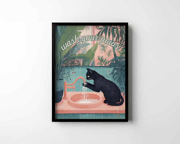 Tropical plant botanical bathroom sign poster featuring a black cat and playful typography