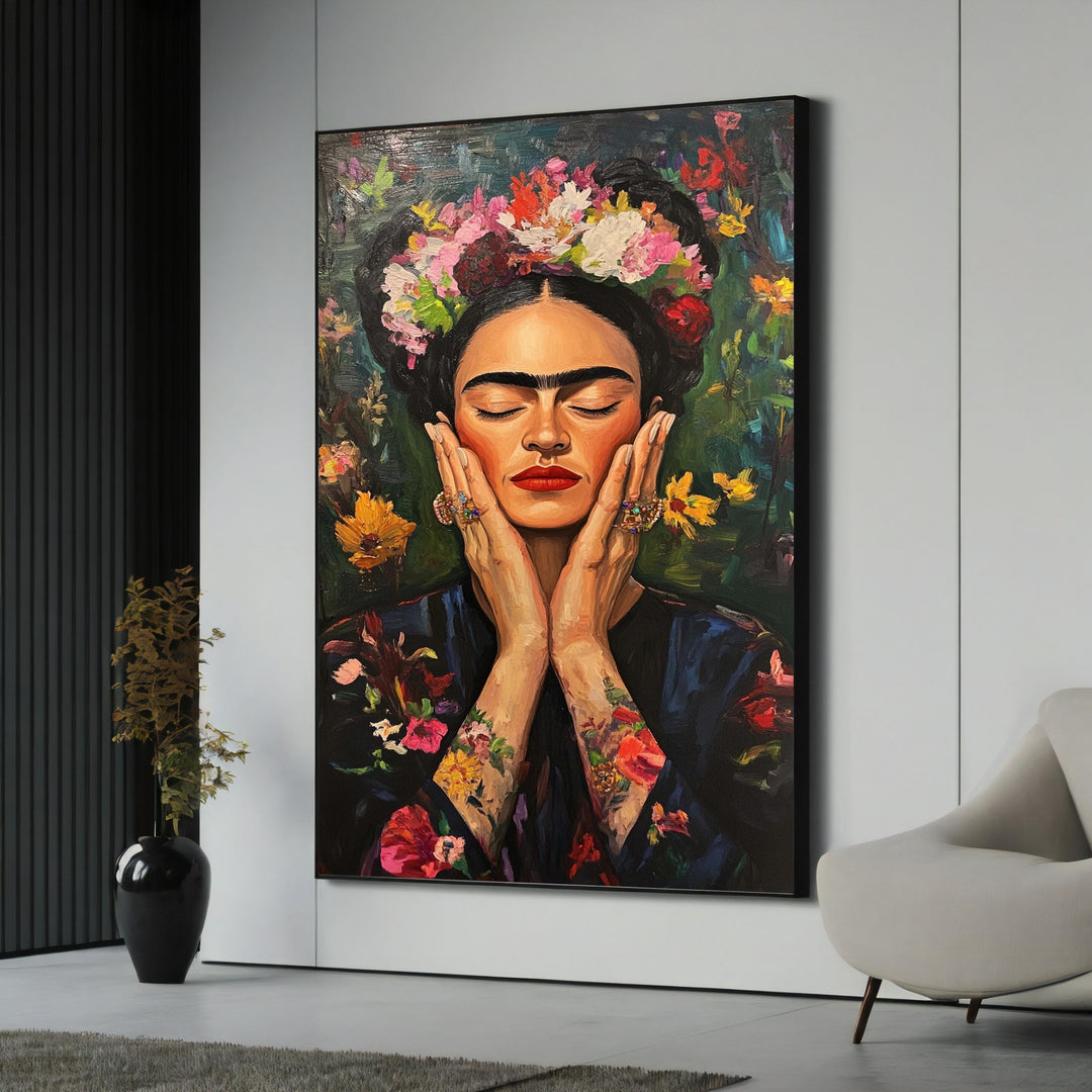 Frida Kahlo-inspired floral portrait on premium canvas with bold colors