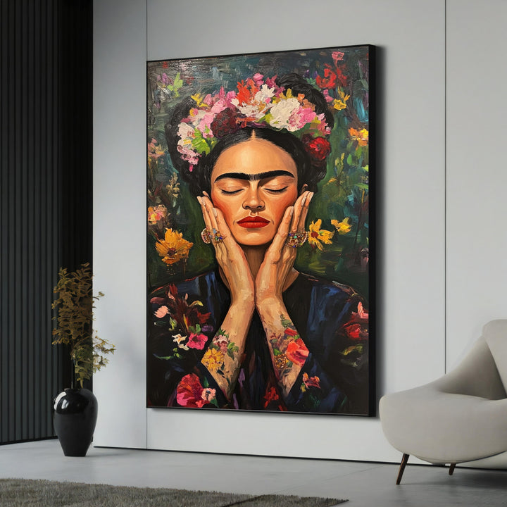Frida Kahlo-inspired floral portrait on premium canvas with bold colors