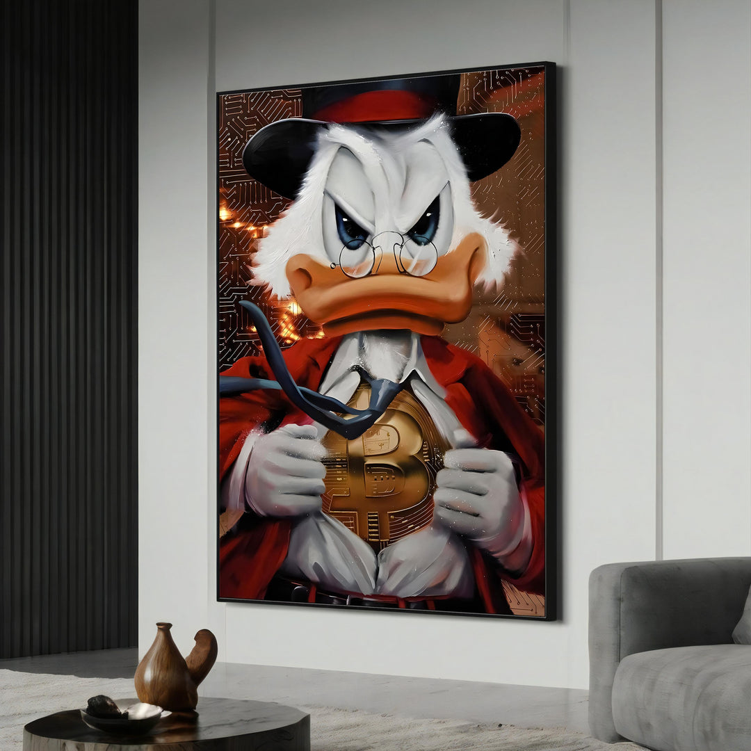 Bold Bitcoin Duck Parody canvas art in vibrant pop art style, front view