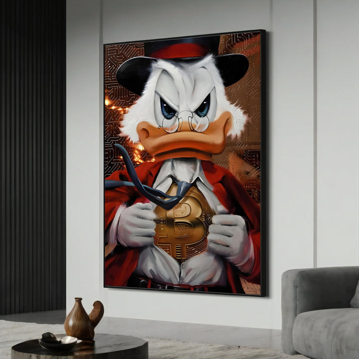 Bold Bitcoin Duck Parody canvas art in vibrant pop art style, front view